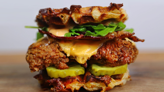 This insane fried chicken waffle burger is three burgers in one